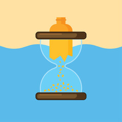 Vector illustration of a plastic bottle breaking into fragments inside an hourglass, symbolizing the timeline of plastic pollution and its impact on ocean environments.