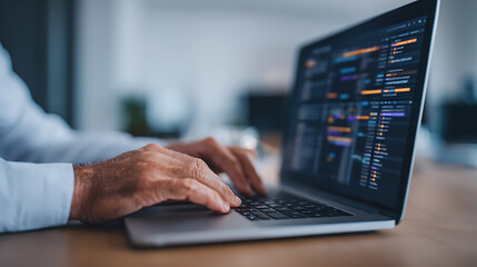 Man using project management software at work. Copy space image. Place for adding text