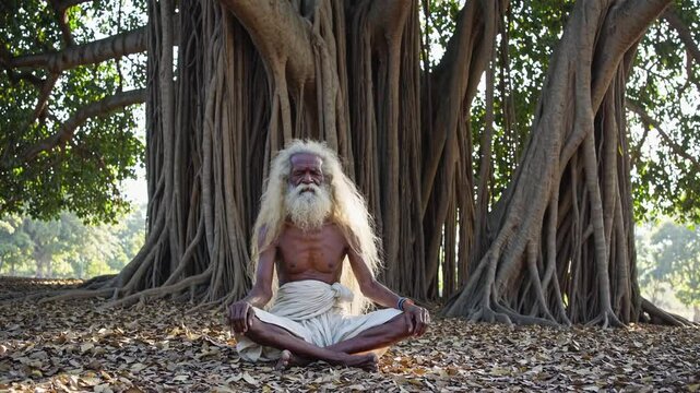 Wise elderly yogi meditating under large sacred banyan tree with sprawling roots, representing spiritual practice, mindfulness, inner peace, and ancient Indian traditions