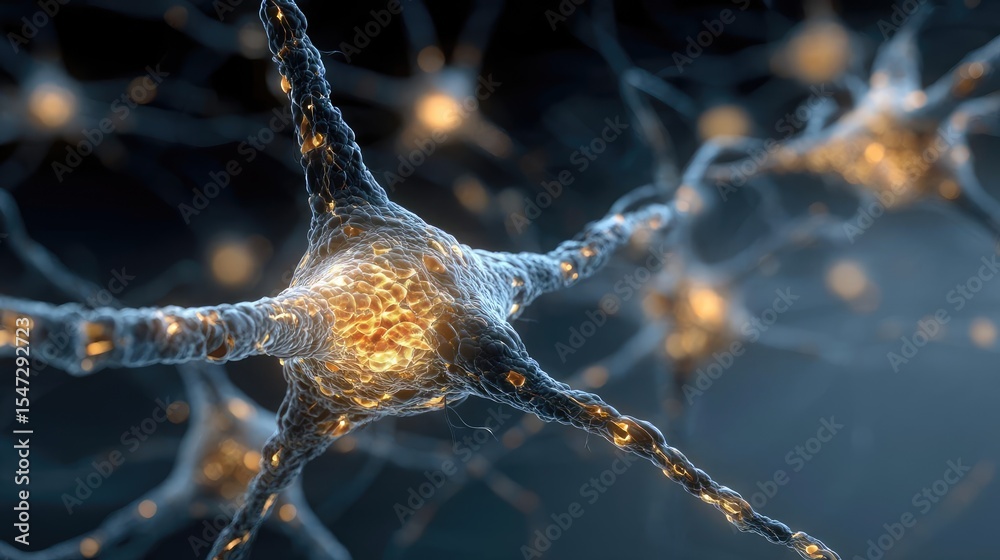 Aufkleber Neurotransmitter imbalance affects dopamine pathway concept. Close-up view of glowing neurons in a neural network.