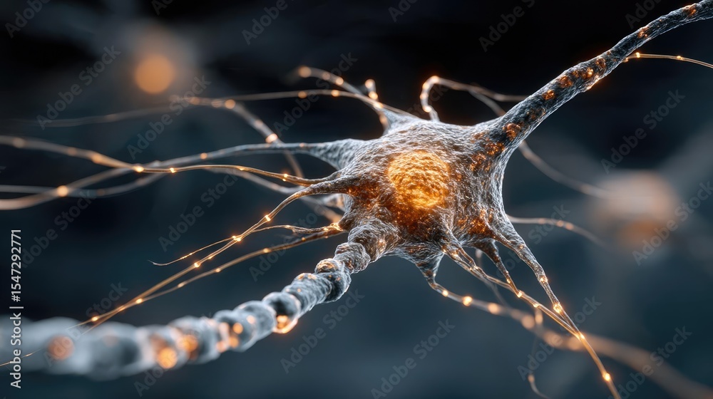 Aufkleber Neurotransmitter imbalance affects dopamine pathway concept. Close-up view of a neuron with glowing synaptic connections.