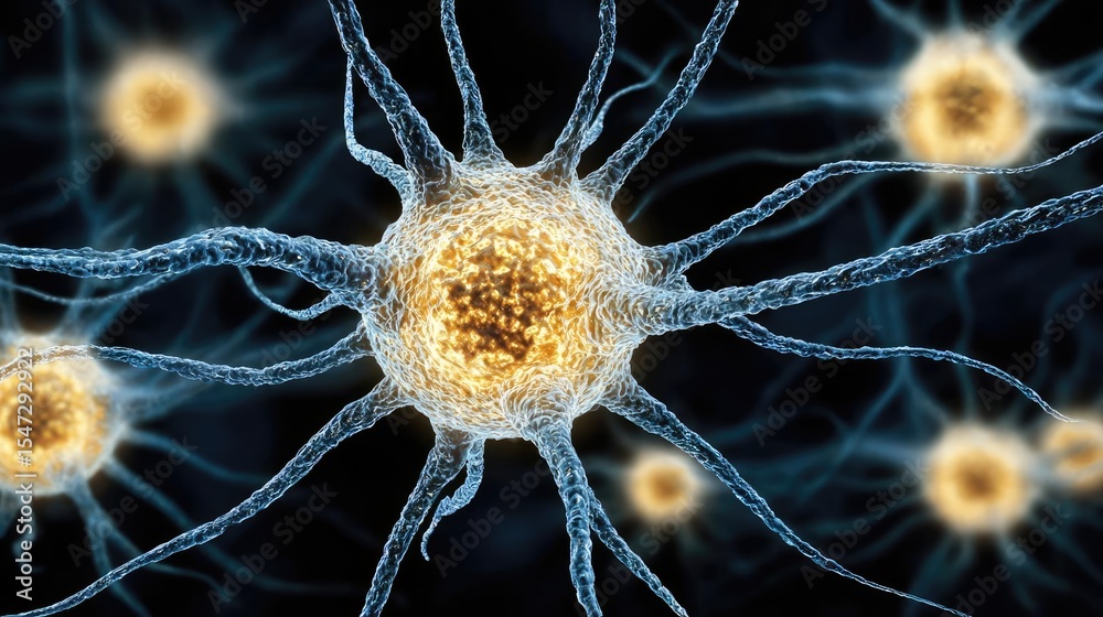 Aufkleber Neurotransmitter imbalance affects dopamine pathway concept. Close-up view of active neurons in a neurological network.