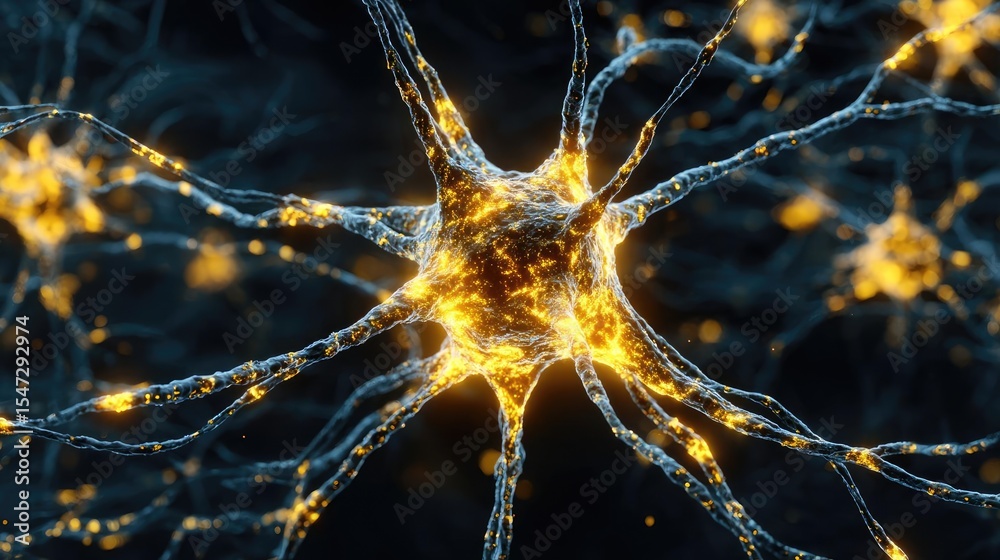 Aufkleber Neurotransmitter imbalance affects dopamine pathway concept. Detailed view of a neuron with glowing connections and synapses.