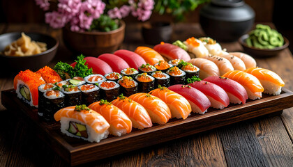 A beautiful platter of sushi and sashimi on a wooden table with ginger, wasabi, and flowers in the background.