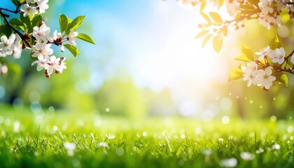Obraz premium Blossoming cherry trees in a lush park springtime nature scene vibrant green grass and sunshine tranquil outdoor environment