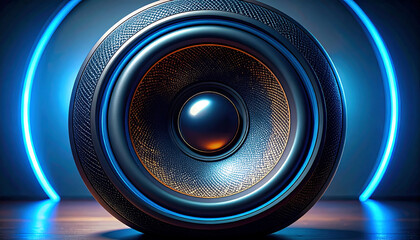 A futuristic audio speaker with a detailed cone and glowing blue neon lights, symbolizing high-tech sound