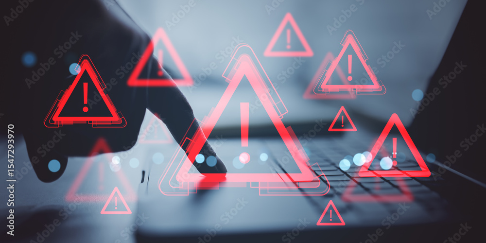 Aufkleber red warning exclamation mark icons over laptop keyboard with finger pressing button, symbolizing dig