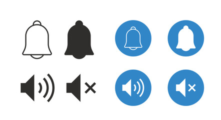 Notification bell icon and Sound volume icons set, Sound icon, volume symbol, speaker sign, alarm clock, vector icon