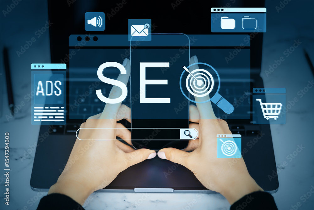 Poster seo concept with smartphone and laptop showing digital marketing icons and search elements on screen