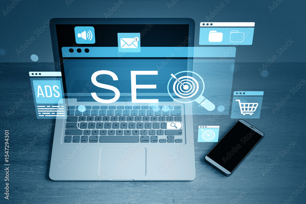 Poster SEO and marketing strategy icons hovering over laptop and smartphone on desktop surface in digital business concept scene with blue holographic elements. 3D Rendering
