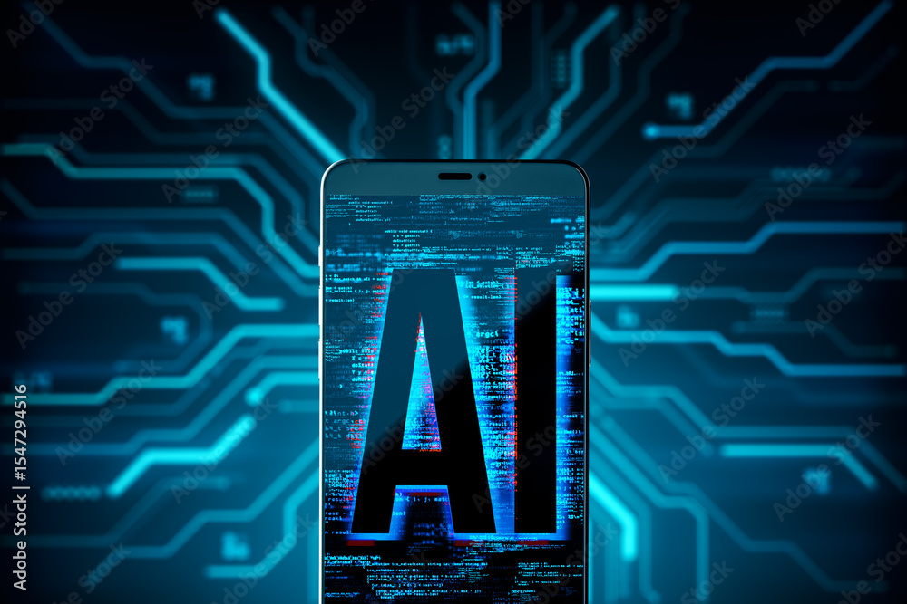 Poster Smartphone screen displaying AI text with digital circuit background symbolizing artificial intelligence and future technology concept. 3D Rendering