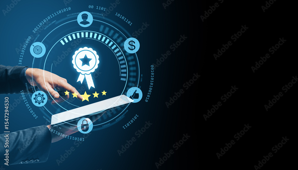 Poster Businessman using tablet to access digital quality certification system with holographic compliance and approval icons on dark background.