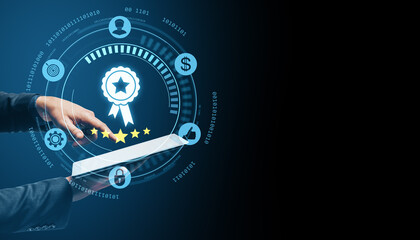Businessman using tablet to access digital quality certification system with holographic compliance...