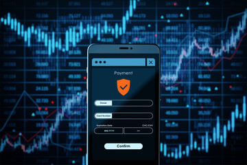 Secure online payment form displayed on smartphone screen over digital financial chart background...