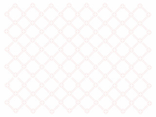 A repeating, intricate geometric pattern featuring small, stylized pink floral motifs arranged within a grid of light gray lines on a white backdrop.