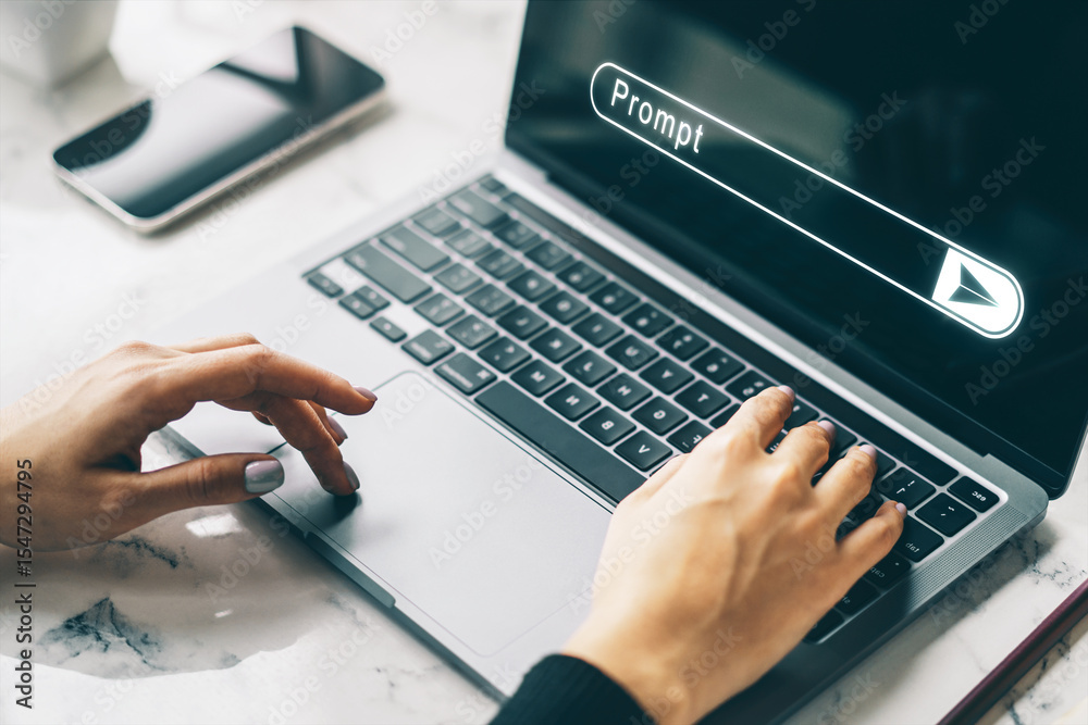Aufkleber Hands typing on laptop with glowing prompt bar on screen, symbolizing artificial intelligence application in modern online workspace environment.