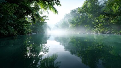 A peaceful jungle stream runs beneath a dense green canopy, with sunlight shining through the leaves to illuminate the serene atmosphere of a rainforest