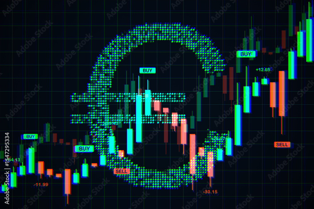 Aufkleber Digital euro symbol with forex candlestick chart and trading signals on dark grid background representing currency exchange and financial analysis. 3D Rendering