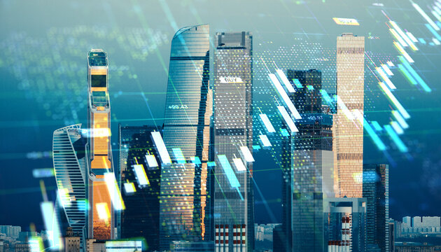 Modern skyscrapers with stock market chart overlay symbolizing global financial growth, trade, and investment in a digital economy background. - Powered by Adobe