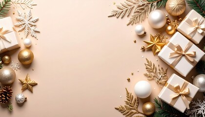 Festive holiday gift arrangement with ornaments and decor elegant setting christmas theme soft lighting aesthetic viewpoint
