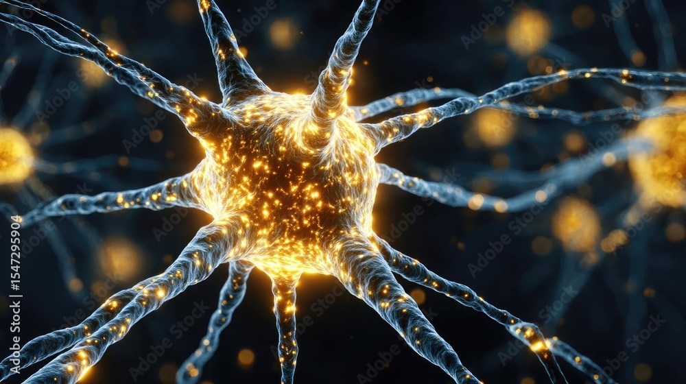 Poster Neurotransmitter imbalance affects dopamine pathway concept. Close-up view of a glowing neuron in intricate detail.