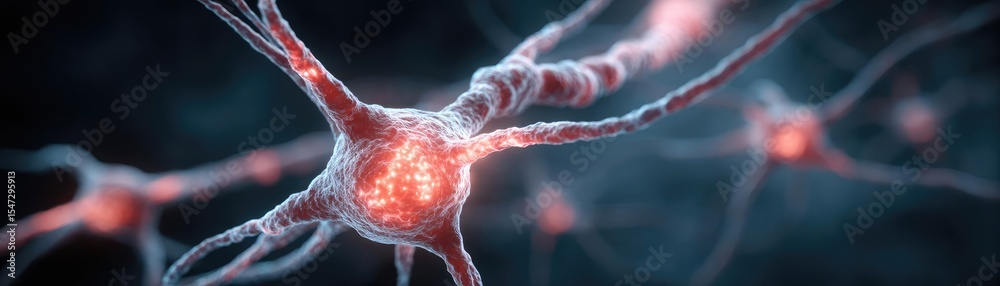 Poster Dopamine regulation and pathway disruption concept. Close-up view of interconnected neurons with glowing elements.