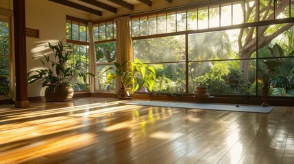 Sunlight streams into a sun-drenched yoga studio.  Wooden floors reflect light, plants in pots adorn the space, and large windows offer a verdant view