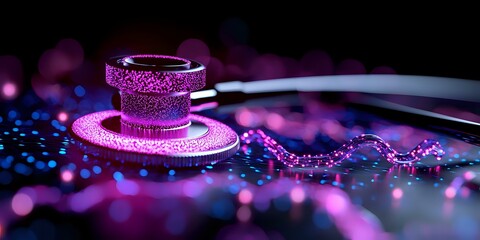 Glowing pink coffee cup and saucer with decorative beads on dark reflective surface, illuminated by neon lights creating magical bokeh effect in purple tones.
