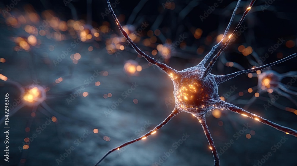 Aufkleber Neurotransmitter imbalance affects dopamine pathway concept. Close-up view of neurons with glowing synapses and connections.