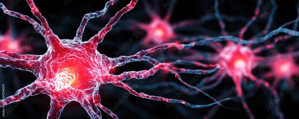 Poster dopamine regulation and pathway disruption concept. close-up view of glowing neurons in vibrant colo
