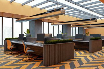 Modern open-plan office interior with sleek design, ergonomic chairs, wood finish partitions, and...