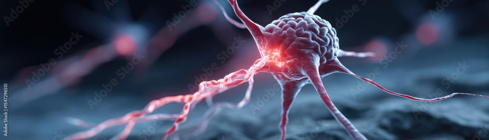 Poster Neurotransmitter imbalance affects dopamine pathway concept. Close-up of a neuron with glowing connections in a dark environment.
