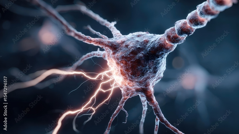 Poster dopamine regulation and pathway disruption concept. close-up of a neuron with electrical impulses on