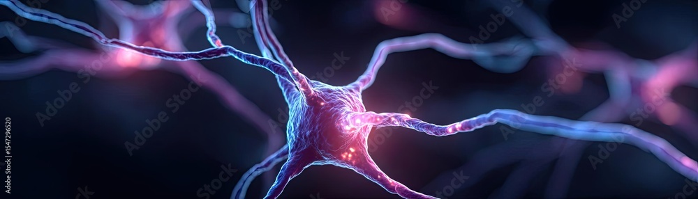 Poster Dopamine regulation and pathway disruption concept. Close-up view of neurons with glowing connections and vibrant colors.