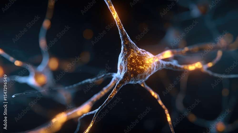 Poster Neurotransmitter imbalance affects dopamine pathway concept. Close-up view of a neuron showcasing its intricate structure.