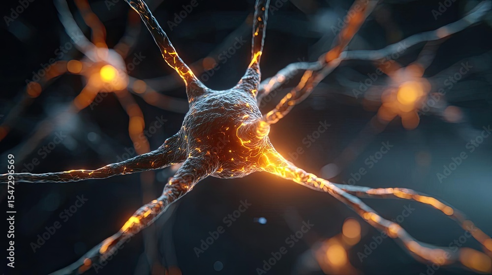 Poster Neurotransmitter imbalance affects dopamine pathway concept. Close-up view of glowing neurons showcasing neural connections.