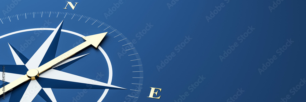 Poster Golden compass arrow on blue background symbolizing direction, navigation, and business guidance with space for text or promotional content. 3D Rendering