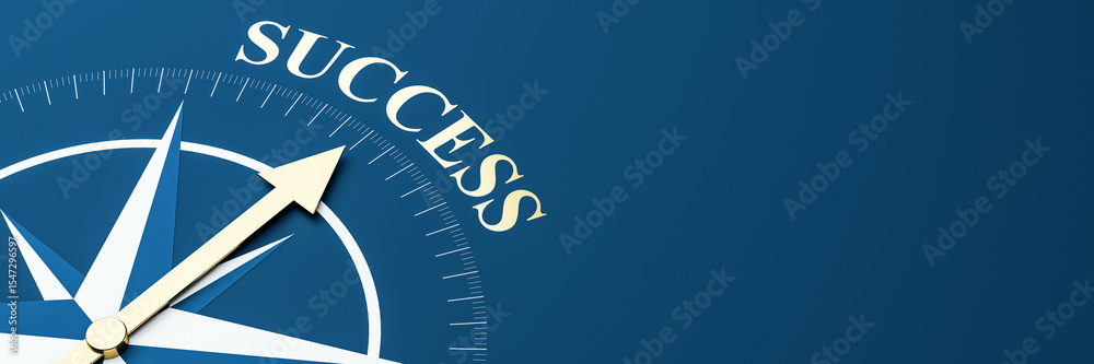 Poster compass needle pointing toward the word success on blue background symbolizing direction, progress, 