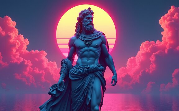Greek god sculpture in retrowave city pop design, vaporwave style colors. High quality