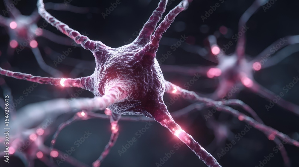 Poster Dopamine regulation and pathway disruption concept. Close-up view of glowing neurons in a dark neural network.