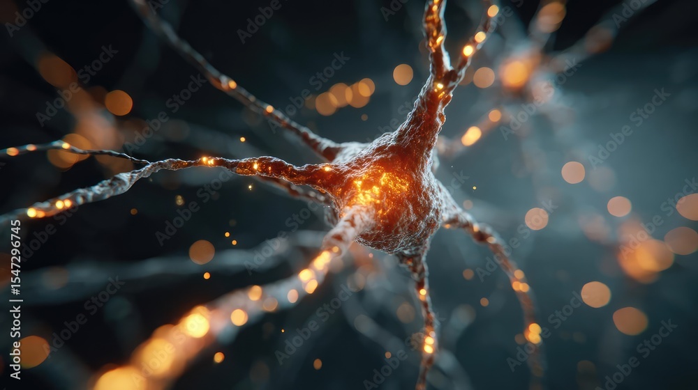 Poster Dopamine regulation and pathway disruption concept. Close-up of an illuminated neuron showcasing intricate connections.