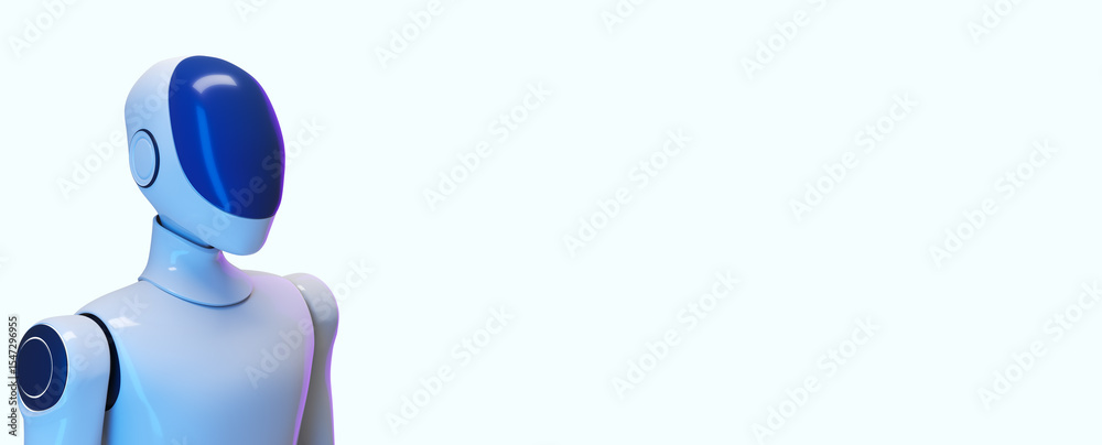 Aufkleber Futuristic humanoid robot with sleek blue and white design standing on clean light background with empty space for tech innovation concept. 3D Rendering