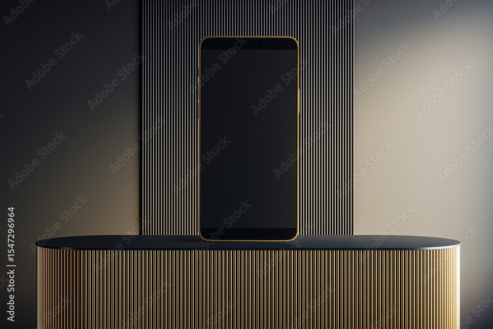 Poster Modern smartphone standing on luxury podium with vertical golden lines against dark background for product mockup or branding presentation. 3D Rendering