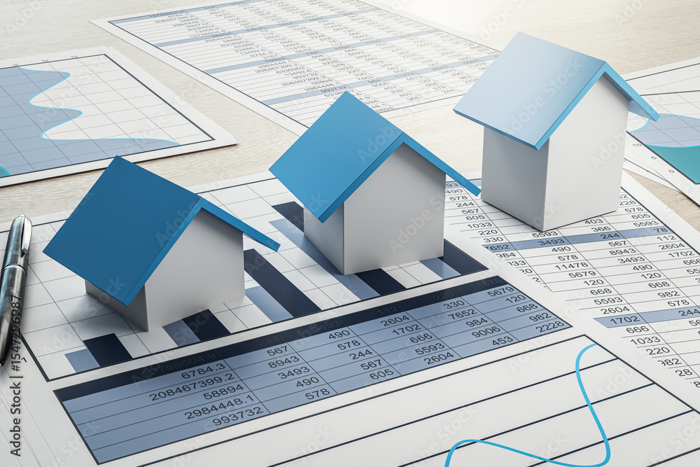 Poster real estate market analysis with miniature houses on financial charts and data sheets representing p