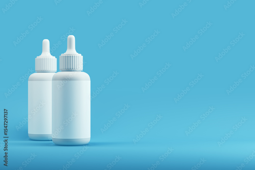 Poster two blank dropper bottles mockup with white labels for medical or cosmetic product branding on clean