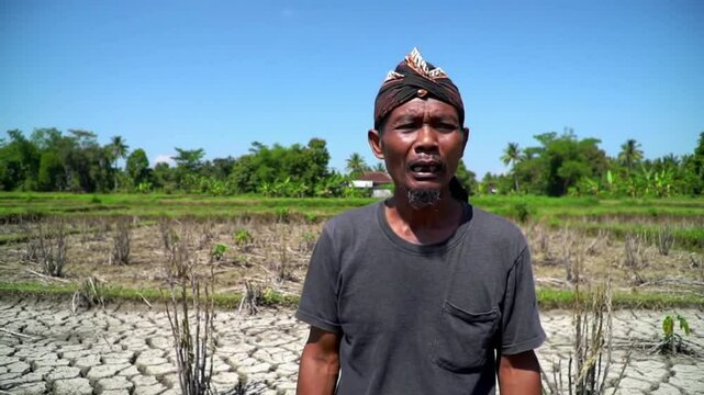 A farmer in a dried rice field under a clear blue sky.