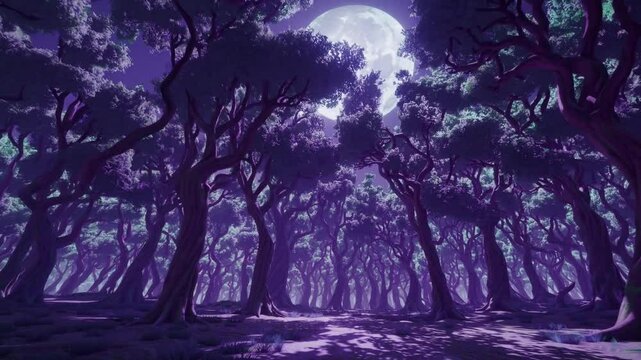 Mystical moonlight piercing through dense enchanted forest at night, casting ethereal purple glow and shadow patterns, symbolizing nature's mystery, solitude, and spiritual energy under moonlit skies