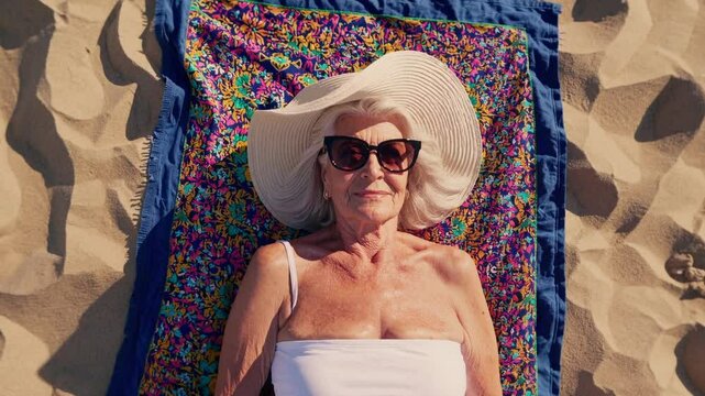 Stylish elderly woman sunbathing on patterned towel at beach in white outfit and sunhat, celebrating beauty, confidence, self-love, retirement, and graceful aging in sunny leisure