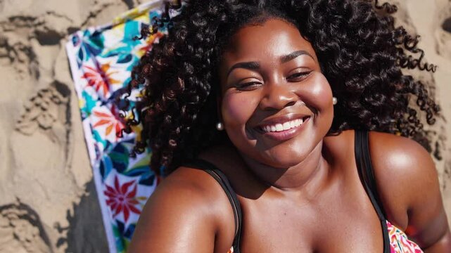 Beautiful plus-sized Black woman lying on beach towel in sun with joyful smile, celebrating body positivity, confidence, natural beauty, and joyful summer relaxation by the sea