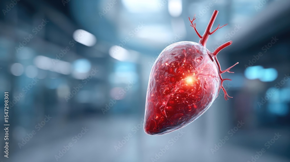 Poster gallbladder issue from blockage and infection concept. a glowing human heart model representing heal